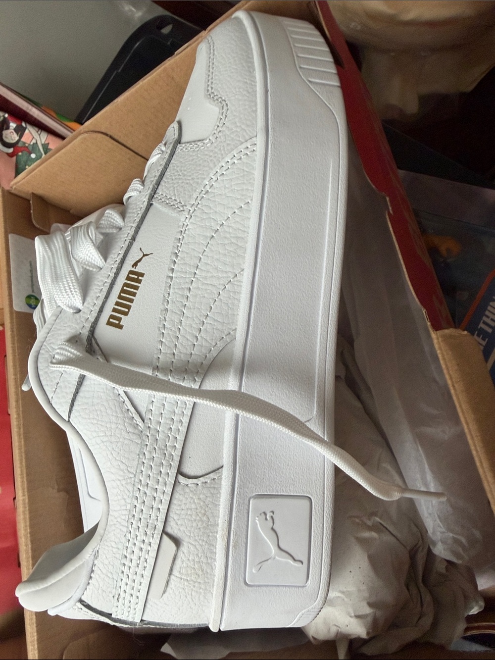 Puma White Leather Platform Sneaker with Gold Logo